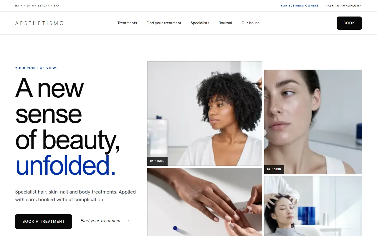 Aesthetismo concept website with blue accent typography and beauty imagery