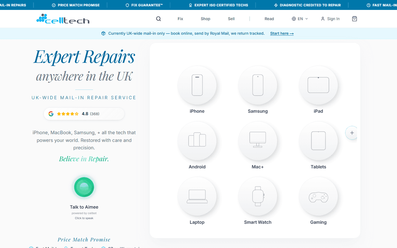 Celltech Mobile Repairs website with device repair categories and enquiry actions