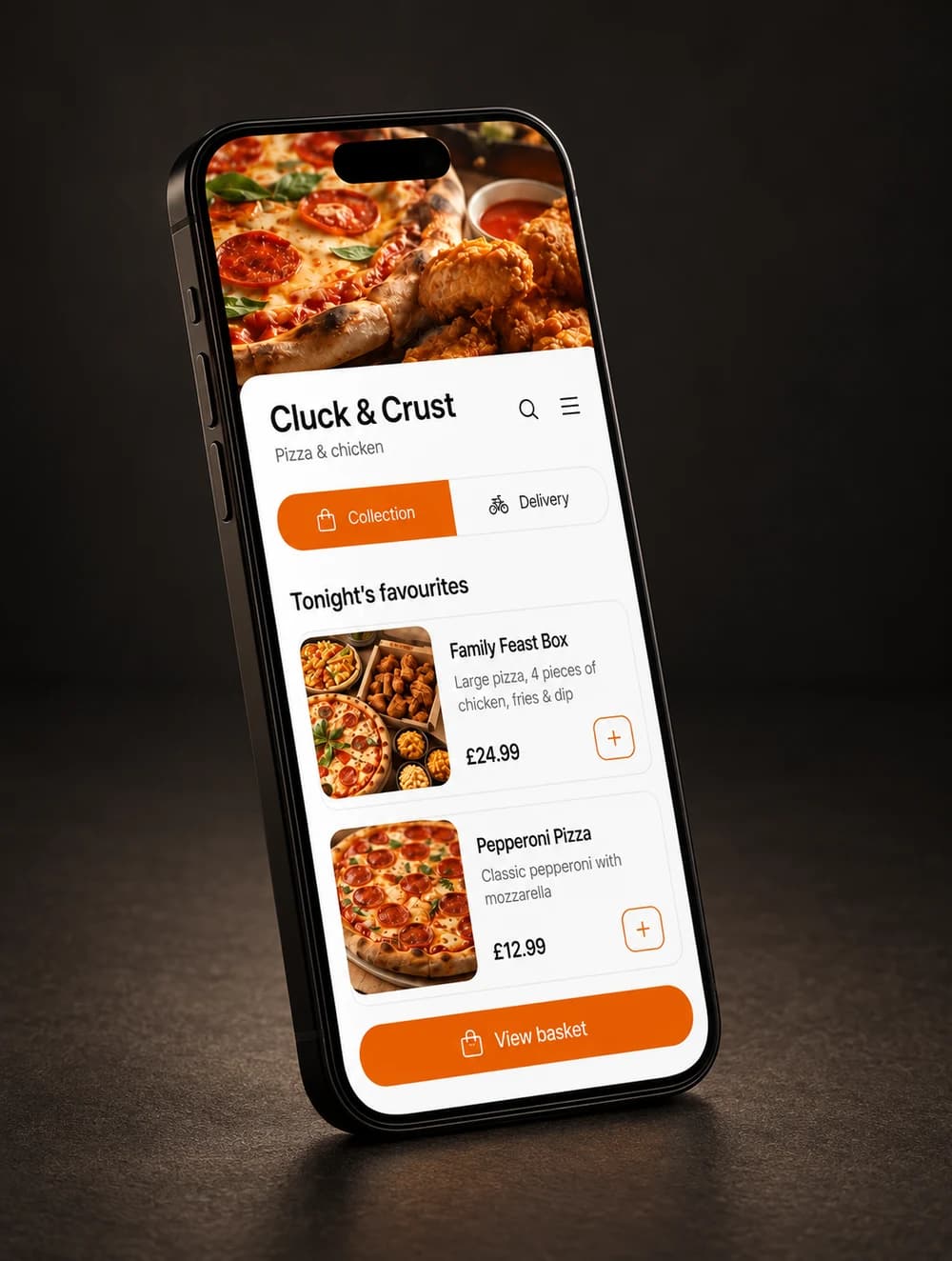Illustrative Cluck and Crust menu on a phone with collection and delivery choices