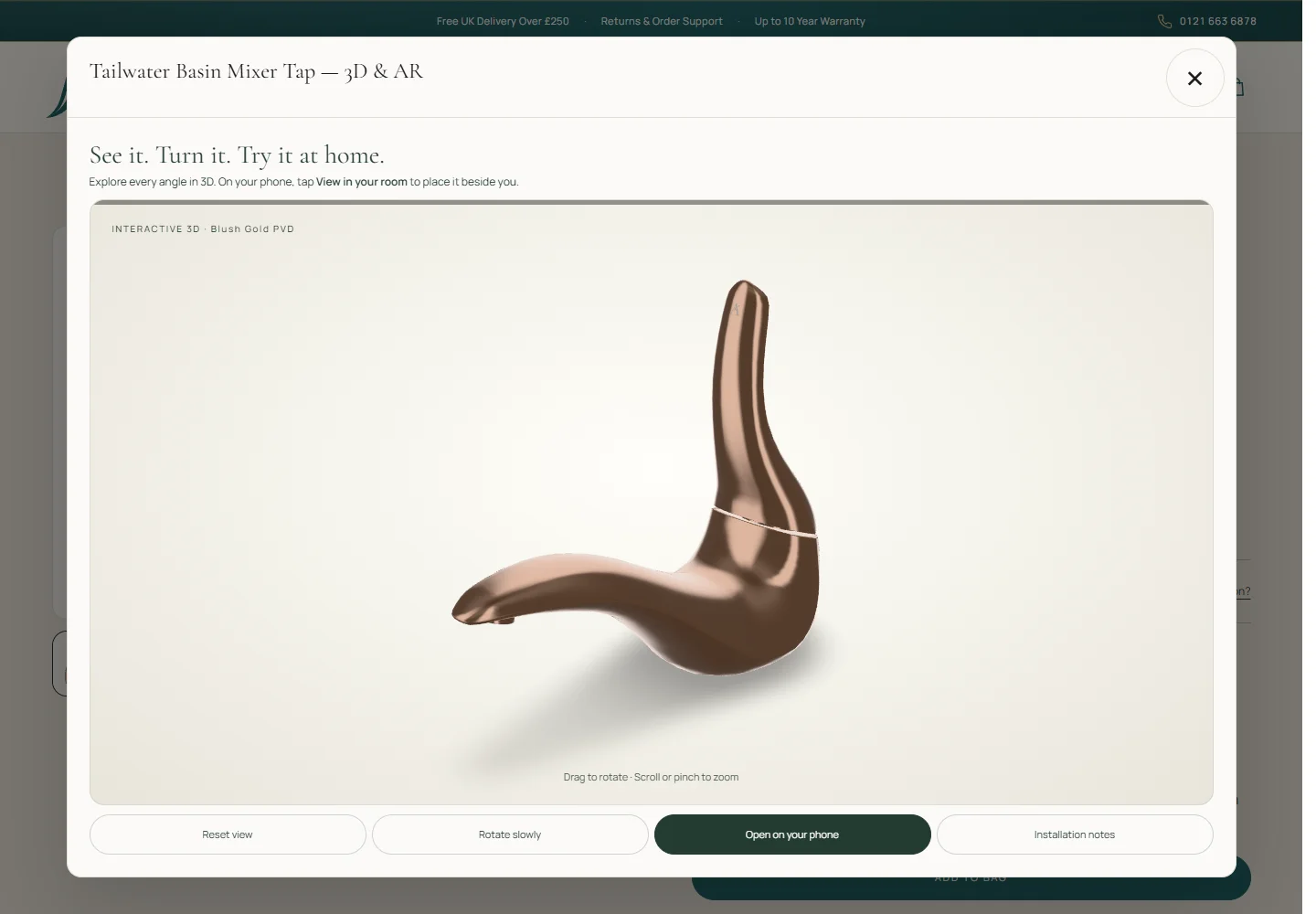 The live Jaquar Midlands 3D viewer for the Artize Tailwater basin mixer