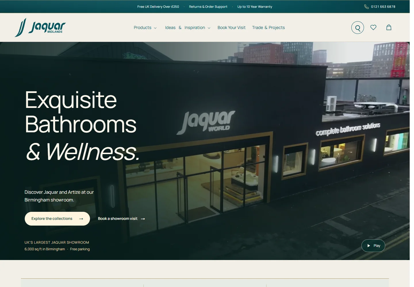 Jaquar Midlands live homepage showing the bathroom and wellness collections