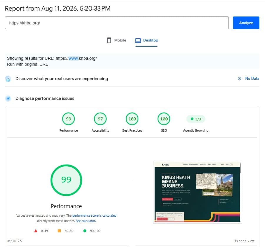 Google PageSpeed Insights report showing 99 for desktop performance on khba.org