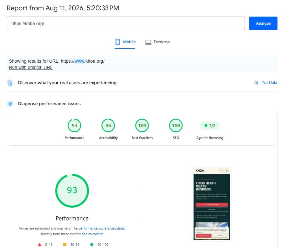 Google PageSpeed Insights report showing 93 for mobile performance on khba.org