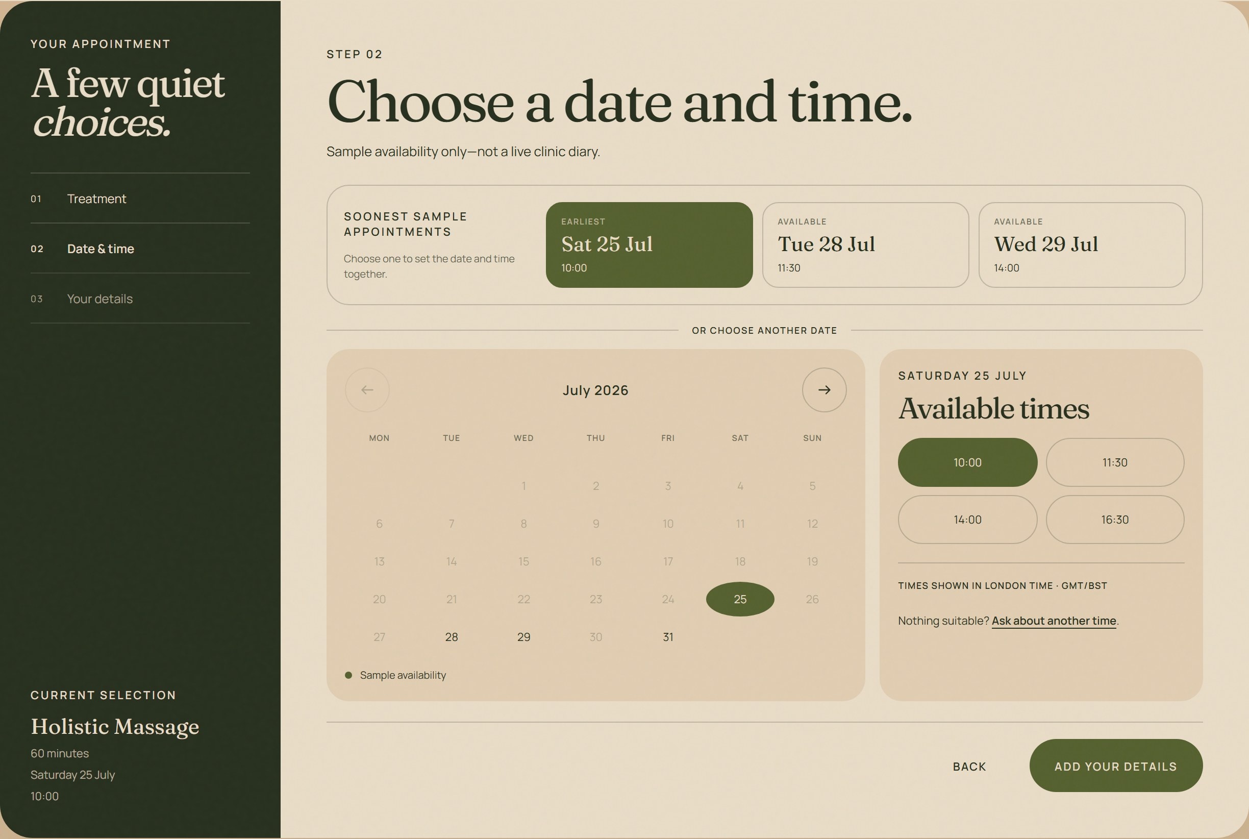 REJUUVE sample appointment calendar with an available date and time selected
