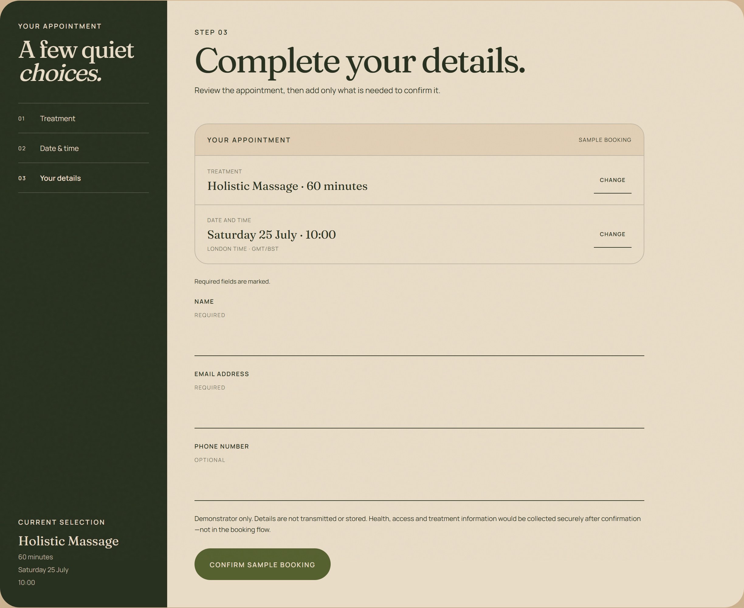 REJUUVE booking review showing the selected treatment, date and time before personal details