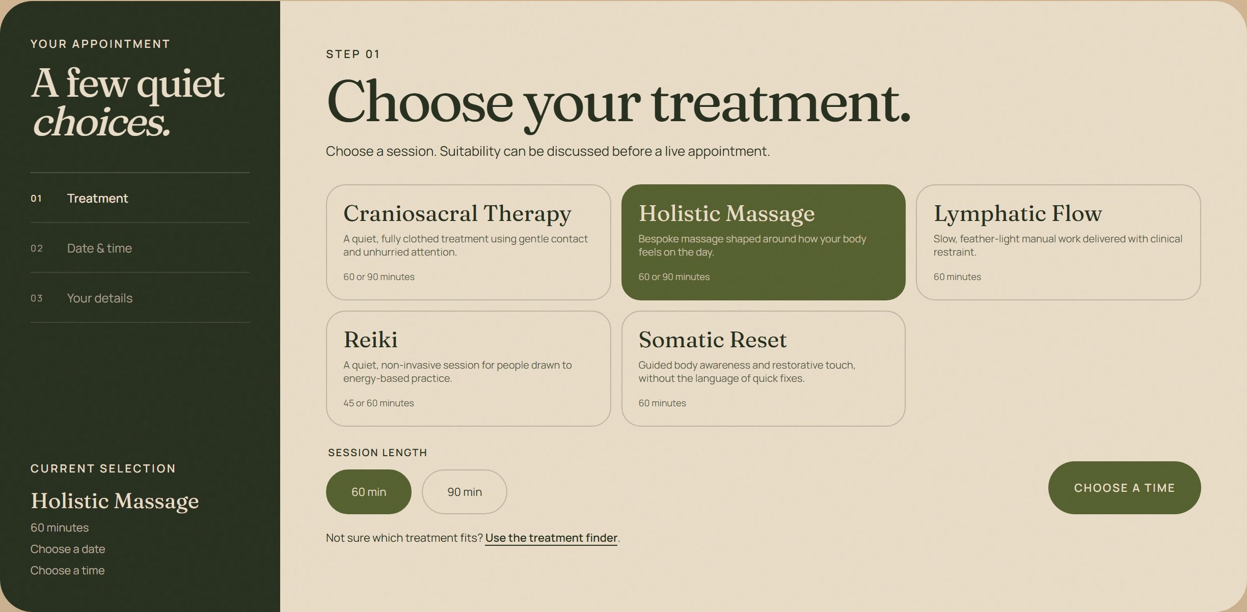 REJUUVE booking interface with Holistic Massage and a 60-minute session selected