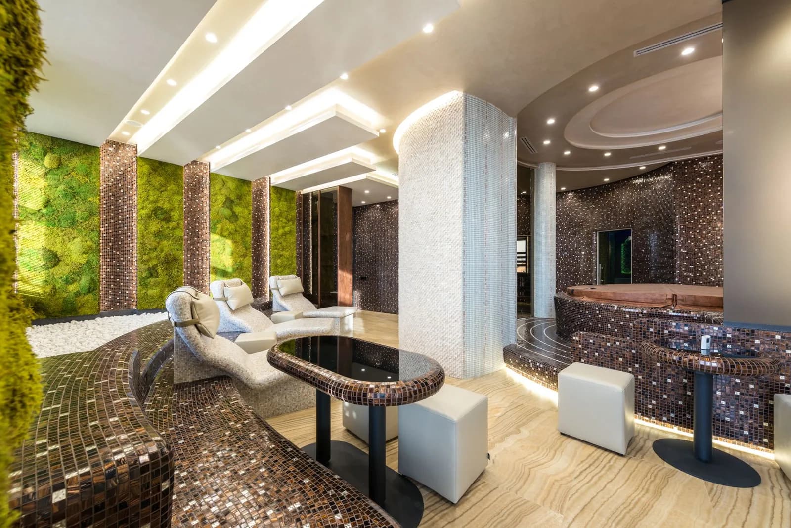 A spacious spa interior with natural greenery