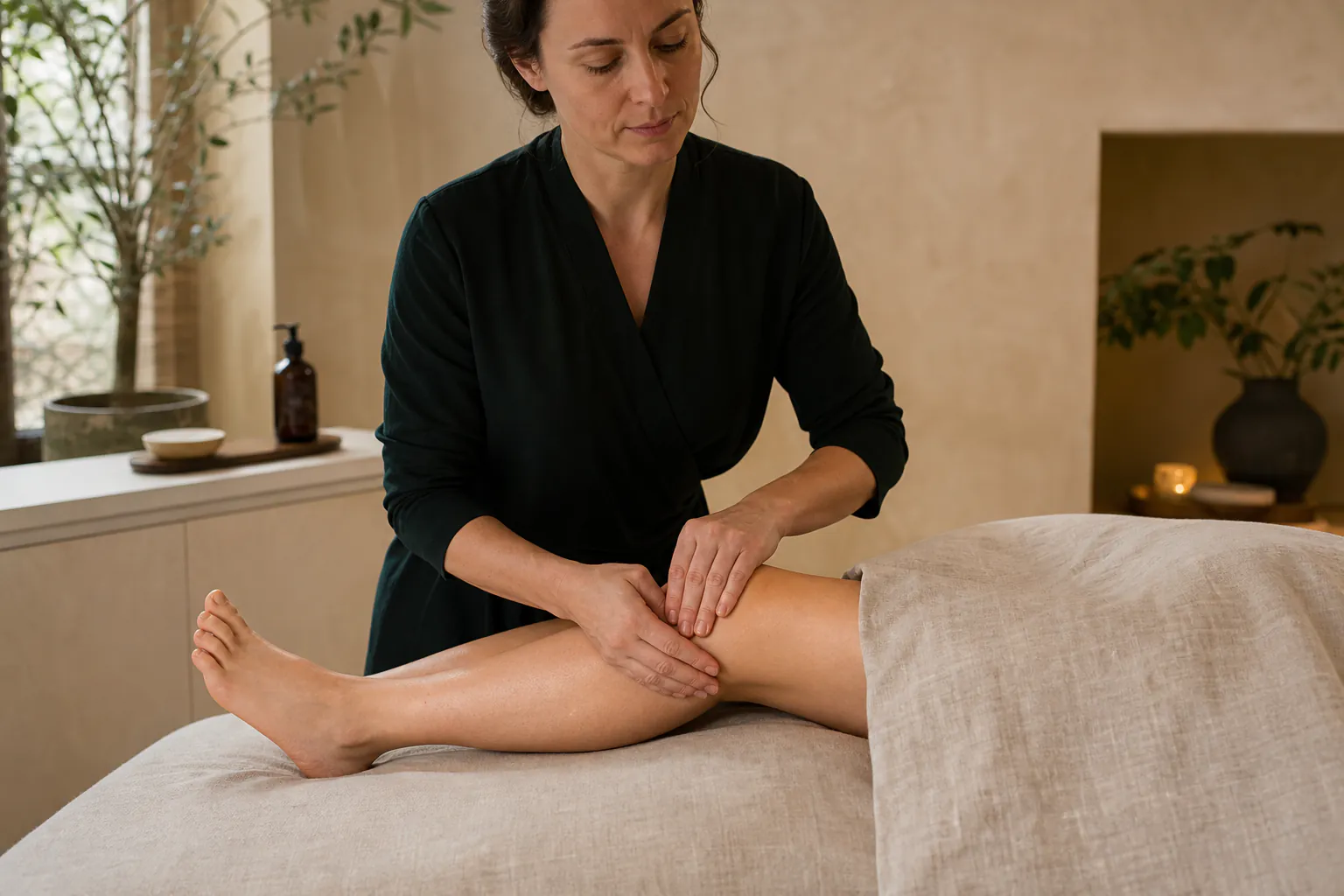 Very light manual lymphatic touch applied to a client's lower leg
