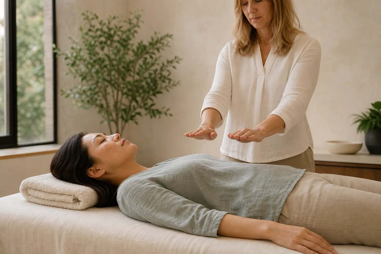 A Reiki practitioner holding their palms above a fully clothed resting client