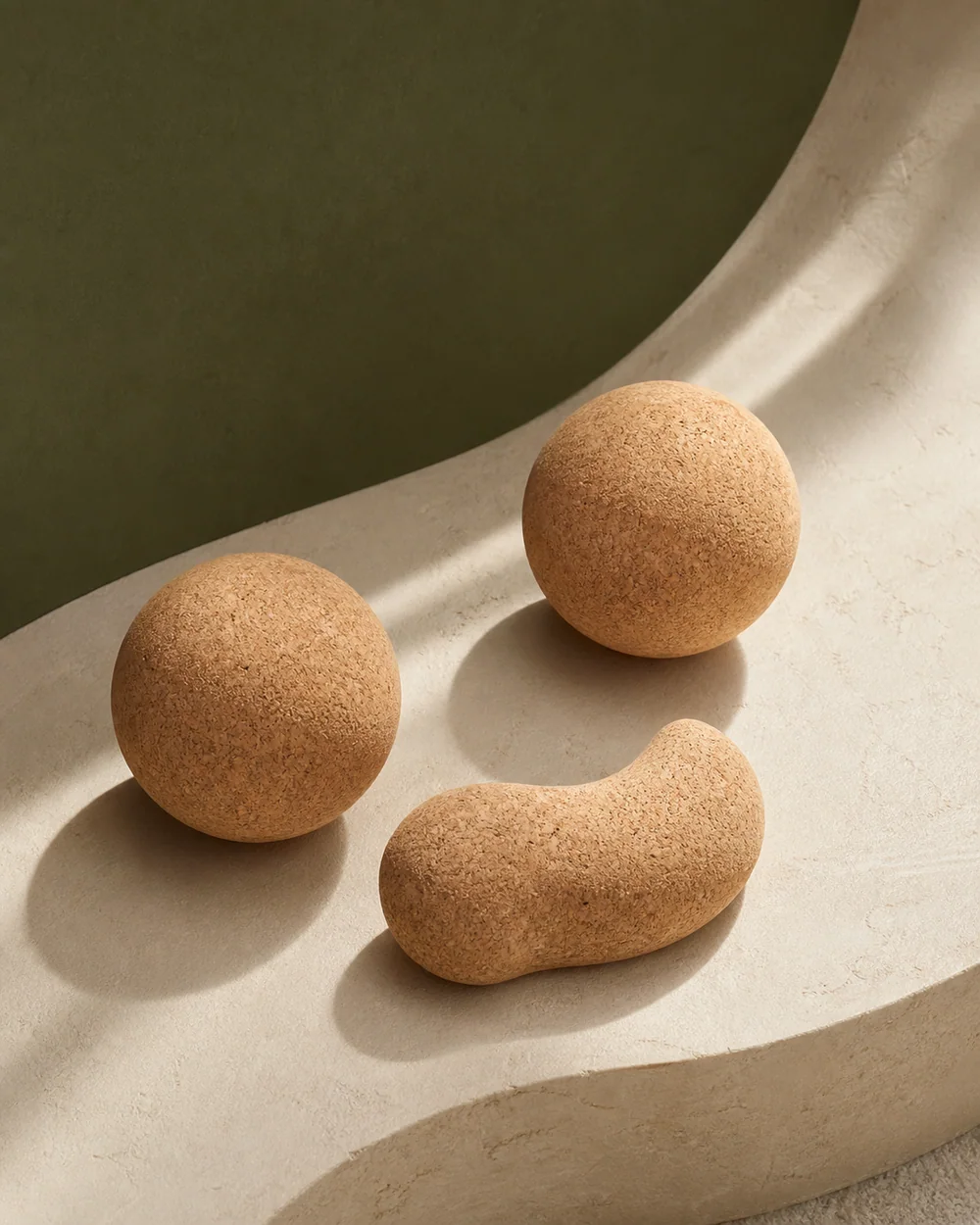Two cork massage balls and a curved cork pressure tool