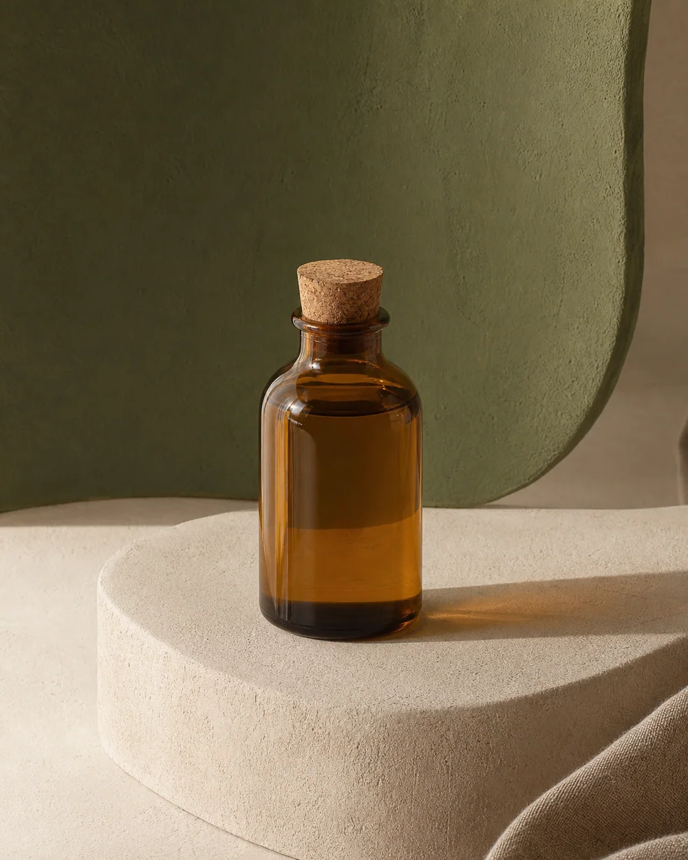 An unbranded amber glass body oil bottle with a cork cap